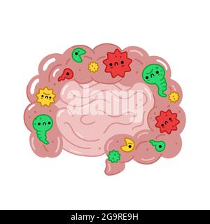 Malato intestino malsano organo con batterie cattive, microflora. Illustrazione del carattere cartoon disegnato a mano dal vettore. Isolato su sfondo bianco. Concetto di carattere intestinale, microflora, probiotici Illustrazione Vettoriale