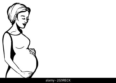 Cartone animato, donna pregnat silhouette mezzo corpo, biglietto d'auguri e disegno di linea Foto Stock