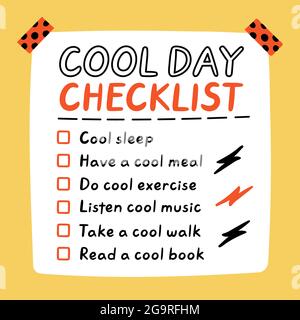 Carino divertente Cool giorno self-care fare elenco, lista di controllo. Icona raffigurante il carattere kawaii del fumetto disegnato a mano del vettore. Cool day Self-Care checklist adesivo, scheda, poster concetto Illustrazione Vettoriale