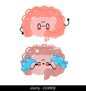 Carino divertente e triste intestino organo carattere. Icona raffigurante il carattere kawaii del fumetto disegnato a mano del vettore. Isolato su sfondo bianco. Organo intestinale umano, concetto di carattere cartoon Illustrazione Vettoriale