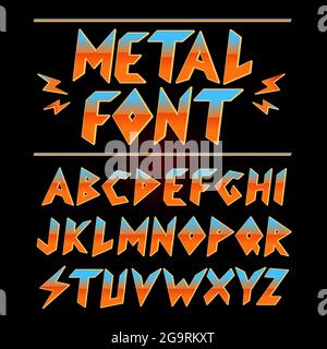 Collezione di font heavy metal degli anni '80 d'epoca. Icona di illustrazione del carattere cartoon vettoriale. Set di font abc rock, punk, arcadee retrospave, vintage heavy metal Illustrazione Vettoriale