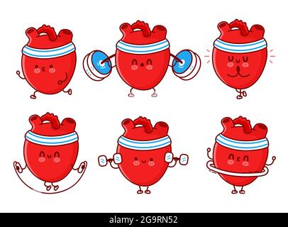 Carino divertente organo cuore umano fare palestra, formazione. Vettoriale linea piatta doodle cartoon kawaii personaggio illustrazione. Isolato su sfondo bianco. Organo cuore umano, sport, concetto di carattere mascotte fitness Illustrazione Vettoriale