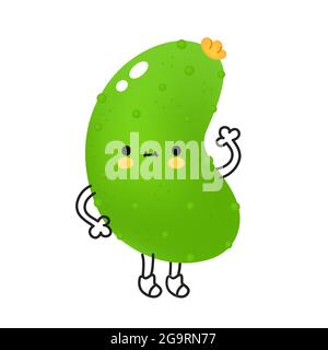 Carino divertente cetriolo vegetale con viso. Cartoon vettoriale kawaii doodle icona di illustrazione del personaggio. Mascotte di carattere verde di cartone animato di cetriolo vegetale. Isolato su sfondo bianco Illustrazione Vettoriale