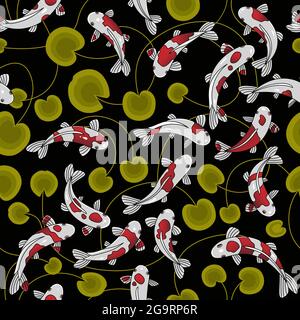 Carpe Koi in uno stagno giapponese. Vector pesce giapponese senza giunture su sfondo nero. Illustrazione Vettoriale