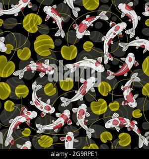 Carpe Koi in uno stagno giapponese. Modello di pesce giapponese senza giunture vettoriale Illustrazione Vettoriale