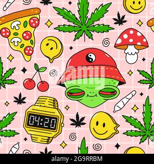 Trippy psichedelico, pizzz 420 modello senza giunture. Alieno con occhi rossi, 4:20 di orologio, erbacce foglie di marijuana. Disegno di illustrazione del carattere del cartone animato vettoriale. Trippy alieno, fungo, cannabis modello art concetto Illustrazione Vettoriale