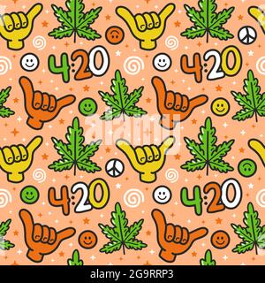 Divertente marijuana erbaccia, gesto di shaka, 420 modello senza giunture. Vettore mano doodle disegnata contorno cartoon kawaii personaggio illustrazione. Trippy,WEed,420, shaka, concetto di modello senza giunture di cartoni animati a foglia di cannabis Illustrazione Vettoriale