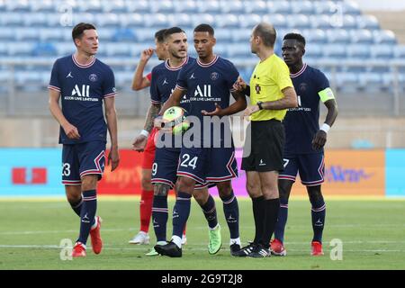 Faro, Portogallo. 27 luglio 2021, i giocatori di Paris Saint Germain durante la partita amichevole pre-stagione tra Sevilla CF e Paris Saint Germain allo stadio Algarve di Faro, Portogallo. Foto Stock