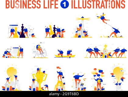 Illustrazioni di uomini d'affari in situazioni diverse. Le persone raggiungono i loro obiettivi e fanno una carriera. Cerca idee. Risoluzione di compiti e problemi. Busi Illustrazione Vettoriale