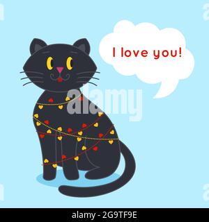 Il gatto nero si siede e guarda al lato, avvolto in un ghirlanda con cuori, in cima a una bolla di parole con il testo Ti voglio bene. Auguri di buon giorno di San Valentino. Illustrazione vettoriale Illustrazione Vettoriale