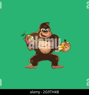 Divertente cartoon gorilla che tiene frutti Illustrazione Vettoriale