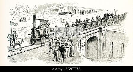 Primo treno sulla ferrovia di Stockton e Darlington - 1825 disegnato da Stevenson ‘n. 1’. La prima ferrovia pubblica al mondo a utilizzare locomotive a vapore, la sua prima linea collegava collisioni (una miniera di carbone e gli edifici e le attrezzature ad essa associate) vicino a Shildon con Darlington e Stockton-on-Tees nella contea di Durham, ed è stata ufficialmente aperta il 27 settembre 1825. La locomozione n. 1 trasportò il primo treno sulla ferrovia di Stockton e Darlington, e divenne la prima locomotiva a funzionare su una ferrovia pubblica.la locomozione n. 1, originariamente chiamata 'Active', era un primo treno di locomotiva a vapore britannico Foto Stock