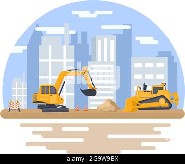 Costruzione dell'illustrazione Building Vector. L'architettura rende la fondazione, versa il calcestruzzo, scavare gli escavatori, utilizzare il foro di scavo della macchina e le gru a torre Illustrazione Vettoriale
