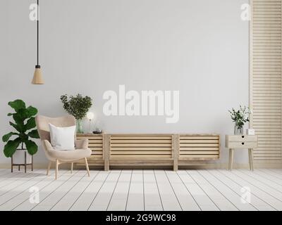 Armadio TV sulla parete bianca in soggiorno con poltrona, design minimal, rendering 3d Foto Stock