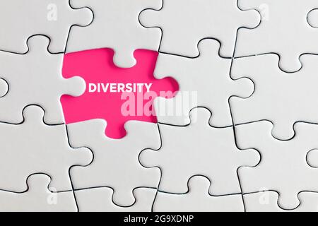 La diversità di parola sul pezzo di puzzle rosa mancante. Concetto di inclusione o esclusione della diversità. Foto Stock