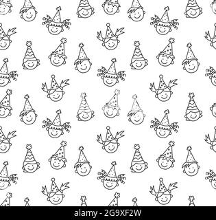 Modello senza cuciture con i doodles felici del compleanno. Volti divertenti per i bambini. Bambini in cappelli di festa in una vacanza divertente. Disegno di bambini disegnati a mano. Vettore Illustrazione Vettoriale