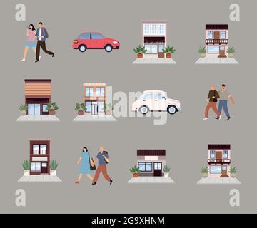 dodici icone urbane della città Illustrazione Vettoriale