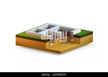 Fondazioni a parete in cemento armato colato. Rendering industriale 3D isolato Foto Stock