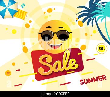 Bright sale banner template design con sole estivo. Motion Text sale Summer Illustrazione Vettoriale