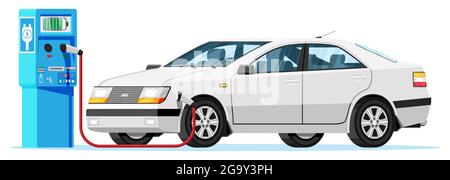 Ricarica di auto elettriche bianche presso la stazione di ricarica. Illustrazione Vettoriale
