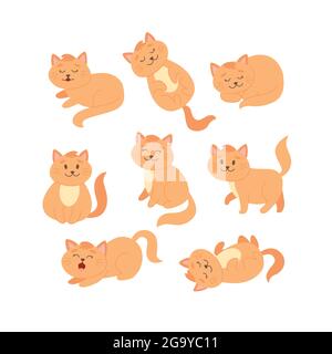Cat impostato in diverse posizioni. Carino personaggio gatto zenzero in stile cartoon, illustrazione vettoriale Illustrazione Vettoriale