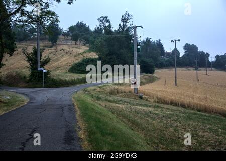 Strada su una collina vicino ad un campo arato in una giornata piovosa in estate Foto Stock