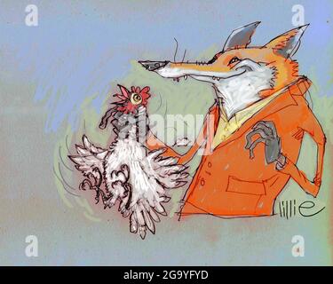 Illustrazione d'arte del libro per bambini di Roald Dahl, Fantastic MR Fox, che mostra una volpe in Hunting Pink, tenendo un pollo possibile copertina del libro, arte interiore Foto Stock