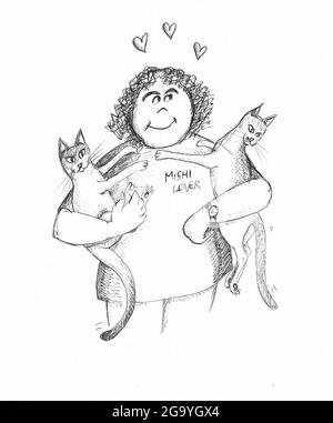 Donna che tiene due gatti. Illustrazione. Foto Stock