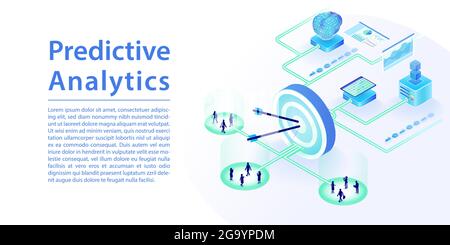 Concetto di analisi predittiva basato sull'analisi dei dati e sull'intelligenza artificiale. Illustrazione vettoriale isometrica 3d che rappresenta l'impostazione dell'obiettivo per i Illustrazione Vettoriale