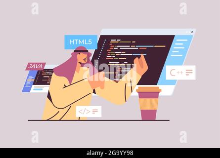 programmatore arabo che scrive il codice per la programmazione del software di progettazione di applicazioni informatiche Illustrazione Vettoriale