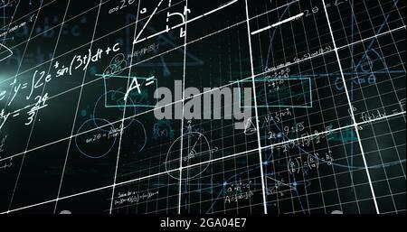Equazioni matematiche e diagrammi su sfondo nero Foto Stock