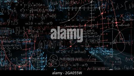Equazioni matematiche e diagrammi fluttuanti su sfondo nero Foto Stock