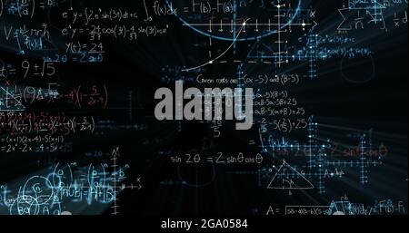 Equazioni matematiche e diagrammi fluttuanti su sfondo nero Foto Stock