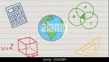 Immagine delle icone disegnate a mano del globo e della scuola su carta rigata Foto Stock