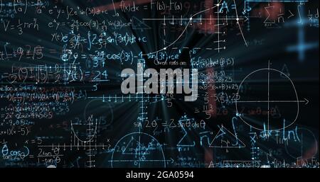 Equazioni matematiche e diagrammi fluttuanti su sfondo nero Foto Stock