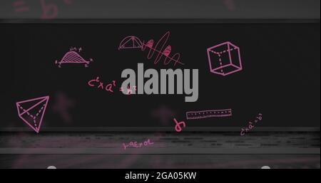 Equazioni matematiche e diagrammi su sfondo nero Foto Stock