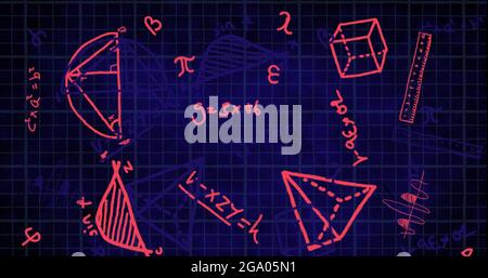 Equazioni matematiche e diagrammi su sfondo nero Foto Stock