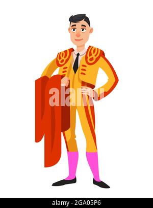 Bullfighter in piedi con panno rosso. Uomo in stile cartoon. Illustrazione Vettoriale