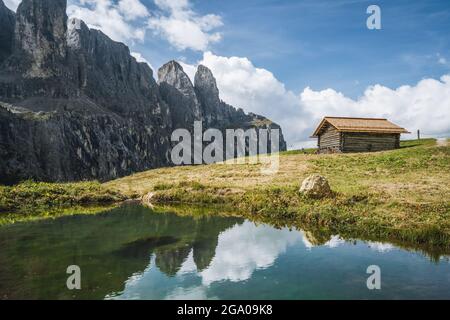 Il Gruppo del Passo Gardena e del Sella in Dolomiti, Alto Adige, Italia, Europa Foto Stock