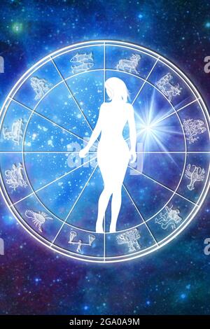 ruota astrologica con tutti i segni dello zodiaco e una figura femminile all'interno Foto Stock