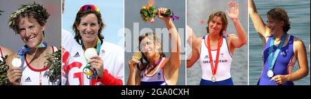 Foto di Katherine Grainger (da sinistra) con la sua medaglia d'argento Coxless Pair alle Olimpiadi di Atene del 2004, la sua medaglia d'argento Double sculls alle Olimpiadi di Rio de Janeiro del 2016, la sua medaglia d'oro Double sculls alle Olimpiadi di Londra del 2012, La sua quadrupla sculls argento alle Olimpiadi di Pechino 2008 e la sua quadrupla sculls medaglia d'argento alle Olimpiadi di Sydney del 2000. L'equestre Charlotte Dujardin ha sorpassato Grainger come la più riuscita femminile britannica olimpica di tutti i tempi, vincendo una medaglia di bronzo nel dressage individuale e aggiungendo al suo conteggio di tre oro, un argento, e il bronzo vinto ieri a t. Foto Stock