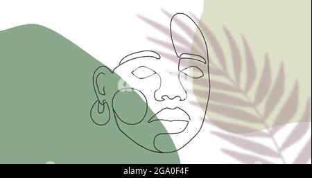 Immagine del disegno della faccia in contorno nero contro la foglia in movimento su sfondo bianco e verde Foto Stock