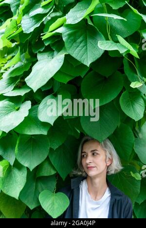 La donna dai capelli grigi guarda via vicino ad una parete intrecciata con pianta viticante Foto Stock