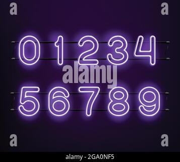 Illustrazione vettoriale dei numeri viola al neon. Luce viola al neon. Numeri luminosi realistici. 0-9 numeri. Illustrazione Vettoriale
