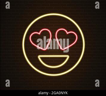 Immagine vettoriale faccia gialla al neon isolata su parete in mattoni. Emoticon agli occhi del cuore. Amore emoji. Illustrazione Vettoriale