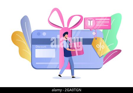 Carta sconto, uomo con confezione regalo, illustrazione vettoriale. Carta regalo bonus, coupon, voucher, guadagna premi, programma fedeltà. Illustrazione Vettoriale