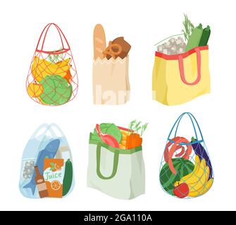 Cartoon eco-riutilizzabile, sacchetti di carta o di plastica con prodotti freschi sani isolati su bianco. Borse per lo shopping piene di frutta, verdure dal negozio di alimentari Illustrazione Vettoriale