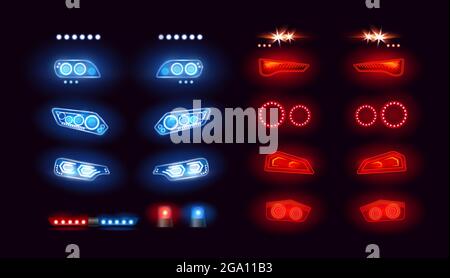 Barra dei fari per auto, set di luci a LED per auto, collezione realistica di luci per auto con vista frontale Illustrazione Vettoriale