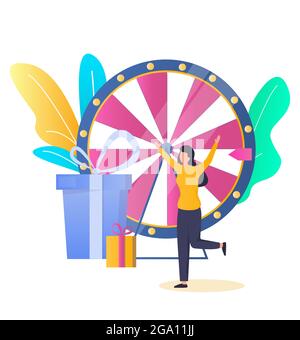 Donna fortunata, vincitrice del gioco Fortune wheel che riceve il premio, illustrazione vettoriale. Spettacolo di giochi TV, casinò e gioco d'azzardo. Illustrazione Vettoriale