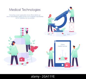 Illustrazione vettoriale del concetto di servizio di medicina on-line, comunicazione dei medici, consultazione medica on-line, covid 19, vaccino. Salute e medicina Illustrazione Vettoriale